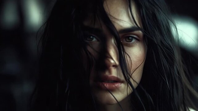 Slow motion close up tracking shot of woman moving hair across face in dim indoor studio intimate evening portrait