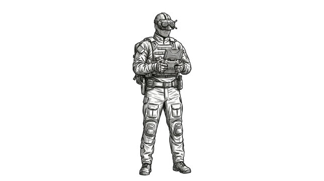 Hand drawn black and white illustration of a tactical military drone pilot wearing FPV goggles and combat gear. Soldier holding a remote controller, isolated on white background for warfare concepts.