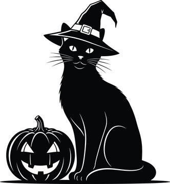 Vintage halloween black cat with witch hat and jack o' lantern