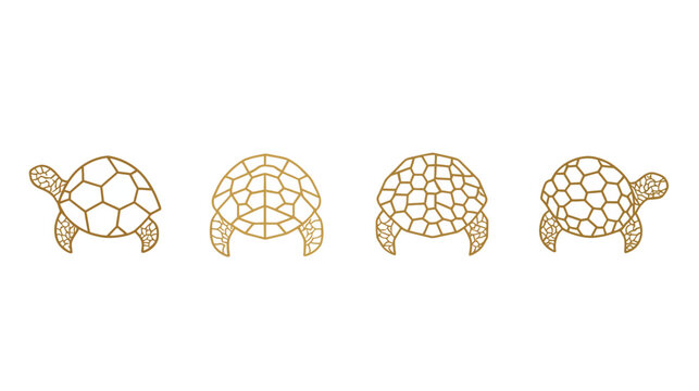 Four stylized sea turtles with ornate shells, golden color, on a white background, simple designs