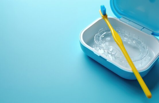 Transparent dental aligners and yellow toothbrush in blue case. Orthodontic treatment for teeth straightening and oral hygiene. Modern dentistry clear retainer concept.