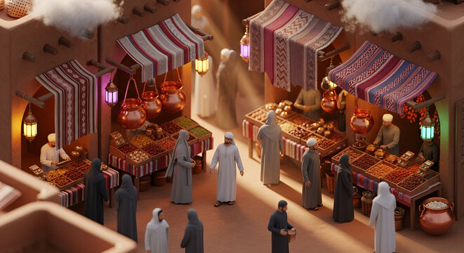 Festive Middle Eastern souq market scene with people in traditional attire, Eid shopping atmosphere, vibrant stalls of dates and spices, warm mud-brick village background.