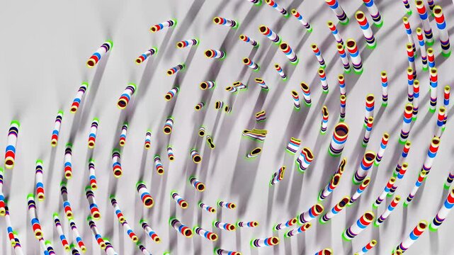 3d render of abstract art, video animation of surreal circles, ropes on a curve, wavy organic lines, forms in a deformation transformation process in purple and white, and blue gradient color