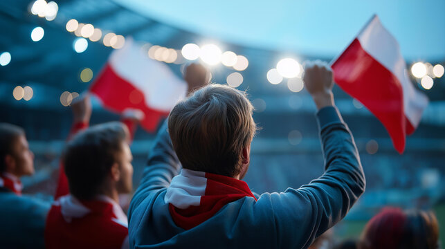 Rear view of Polish fans waving national flags in a stadium crowd at dusk, Eastern European fan culture concept, football nationalism, international match support, defocused