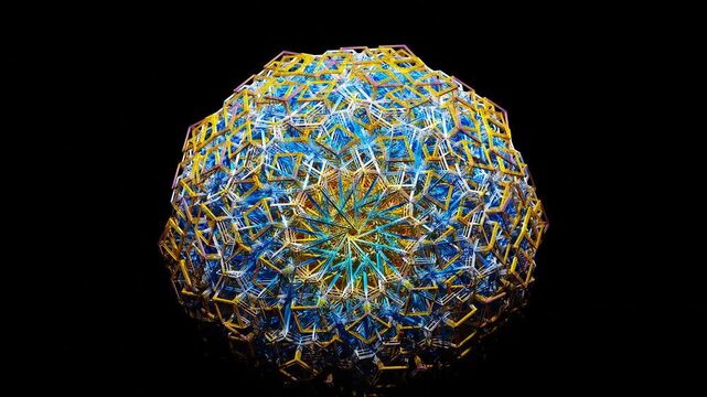 3d render of abstract art video animation with surreal symmetry fractal circular hypnotic mandala flower based on colorful orange purple red plastic wire atomic structure on a black background