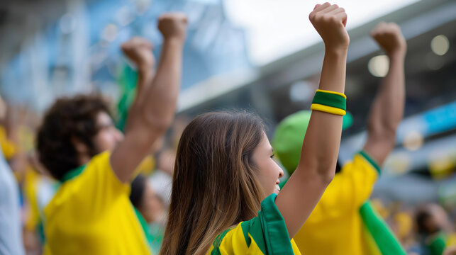 Rear view of Brazilian fans in yellow and green celebrating wildly in stadium stands, World Cup passion concept, South American fan culture, championship atmosphere, defocused