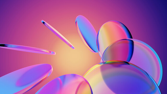 Colorful transparent glass plates with dispersion effect on neon light background