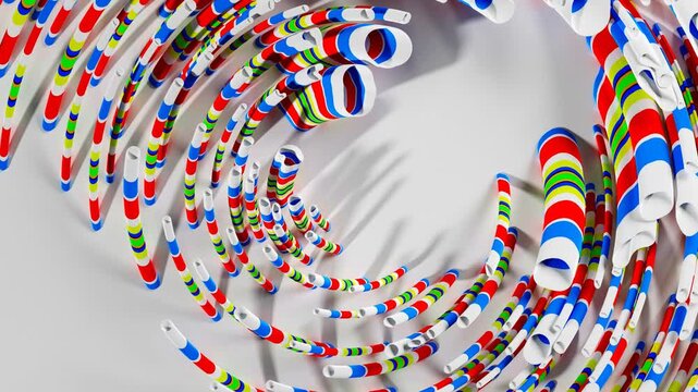 3d render of abstract art, video animation of surreal circles, ropes on a curve, wavy organic lines, forms in a deformation transformation process in purple and white, and blue gradient color