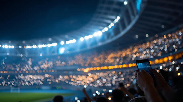 Rear view of a massive crowd in a night stadium with thousands of phone flashlights on, fan light show concept, stadium visual spectacle, championship atmosphere, defocused