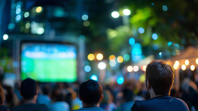 Rear view of a stadium fan zone outdoors with a large screen and crowd gathered at night, public match viewing concept, fan zone culture, evening sports event, defocused