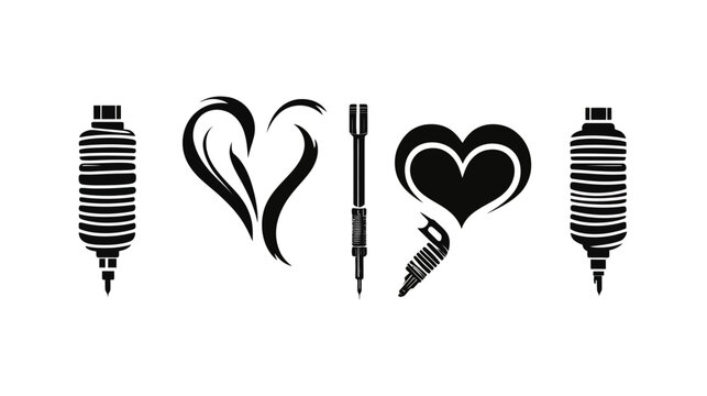 Silhouetted tattoo tools with decorative hearts in black. Center has a tattoo gun