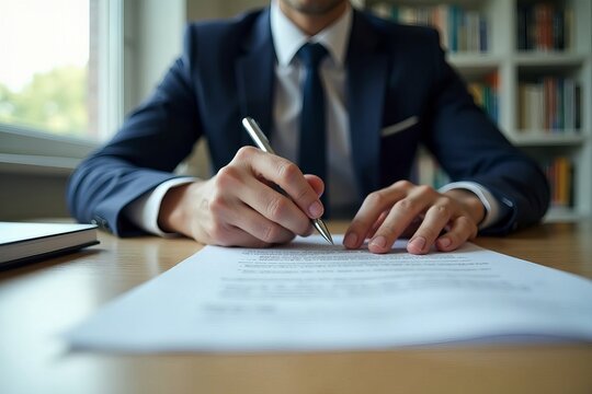 Attorney in an office, finalizing a business contract with signature.