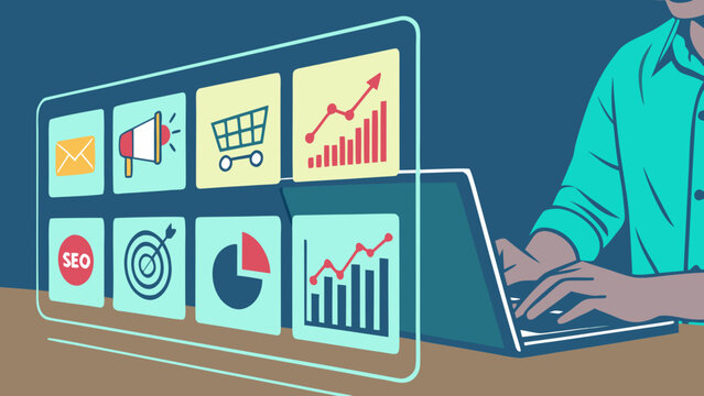 A person working on a laptop with a graphic overlay of business and marketing icons on the screen