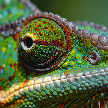 Extreme close-up macro shot of a chameleon eye and scales