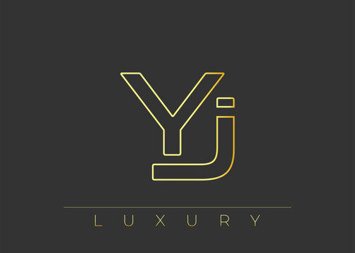 YJ Luxury Modern Interlocking Letter Logo Design. Luxury Monogram Logo With Gold Outline On dark Background, Elegant Minimal Branding Mark.