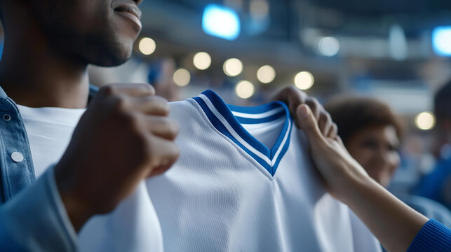 Close-up of a winning team's jersey being held up by fan hands in a stadium, championship souvenir concept, fan pride merchandise, victory symbol, defocused background, with copy