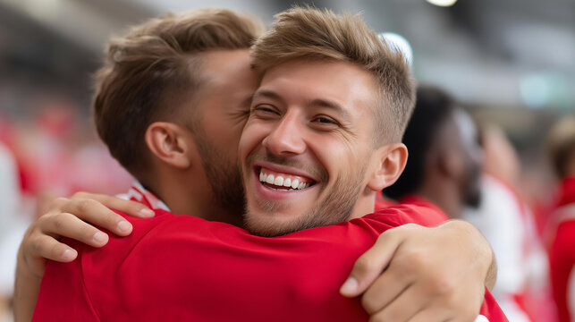 Close-up of two male fans embracing each other in joy after a goal in a stadium, sports celebration bond concept, supporter friendship, emotional match moment, defocused