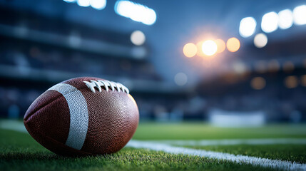 Naklejka premium Close-up of a stadium football on a green field under floodlights with empty stands in background, pre-match atmosphere concept, sport equipment in venue, defocused background,