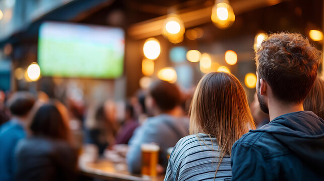 Rear view of a crowded pub crowd all facing a large screen showing a football final, collective public viewing concept, championship bar culture, sports broadcast community,