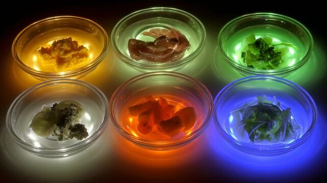 Glowing petri dishes with colorful liquids.