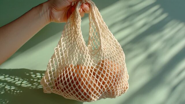 Hand holding mesh bag with oranges.
