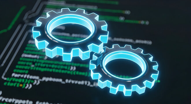 3d rendering of two glowing blue mechanical gears floating over abstract computer code on a dark background, representing technology, software development, and automation concepts