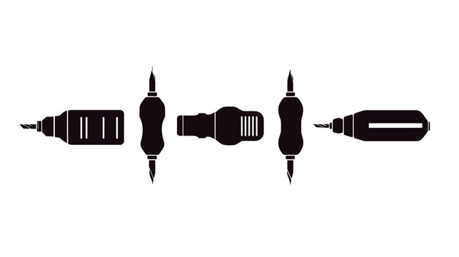 Silhouetted illustration of tools including tattoo machine parts, pen, and a drill, against white background