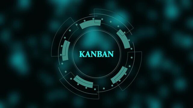 Futuristic Circular Interface with KANBAN Text and Blurred Teal Background technology KANBAN