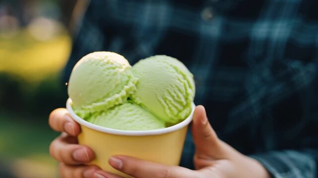 person holding green ice cream.