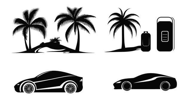Silhouetted designs featuring palm trees, car icons, a cylinder, and a rectangle