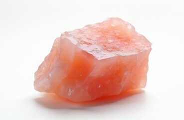 Fototapeta premium Pink Himalayan salt chunk rests on white backdrop. Natural crystal mineral is useful for cooking spa therapy breathing treatments and decor. Unique textured object.