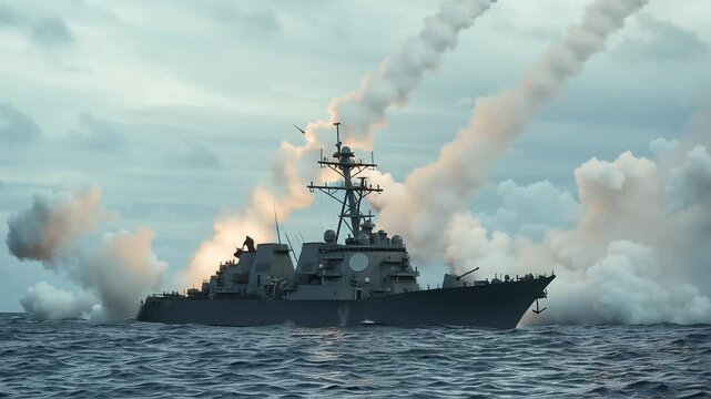 Destroyer launches missiles over ocean at dusk during live fire naval drill, blazing missile trails and thick smoke plumes, radar mast and gun turret