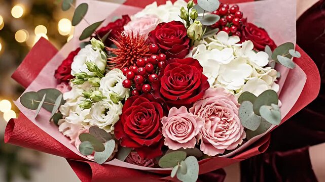 Woman holding luxury red rose and hydrangea floral bouquet