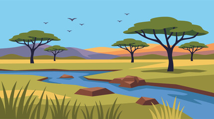African savanna landscape with acacia trees and a river landscape wildlife adventure exploration connection geography environment outdoors expedition wanderlust destination © MSTSUMAIYA