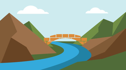 Stone bridge crossing a river between two mountains with mountain structure transportation landscape crossing architecture traveling adventure exploration connection geography environment © MSTSUMAIYA