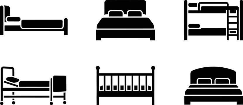 Furniture icon set showing various bed styles including single double bunk and infant crib.