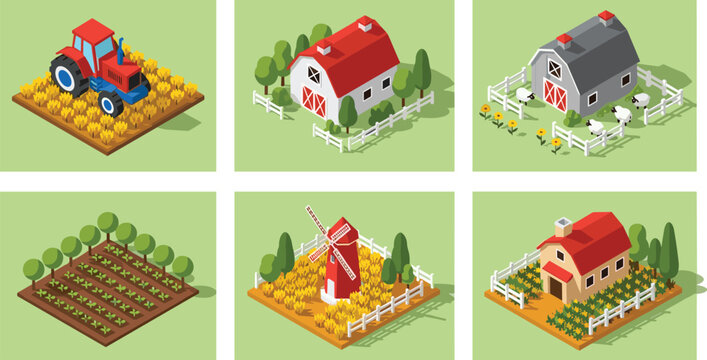 Isometric Farm Vector Set With Tractor Barn Windmill Crop Field And Rural Buildings On Green Background