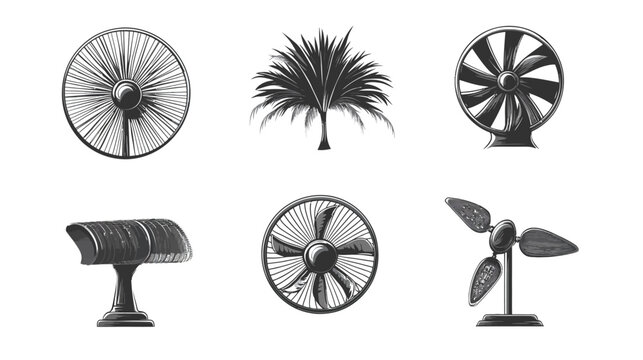 Black and white illustration of different types of electric fans and a palm tree