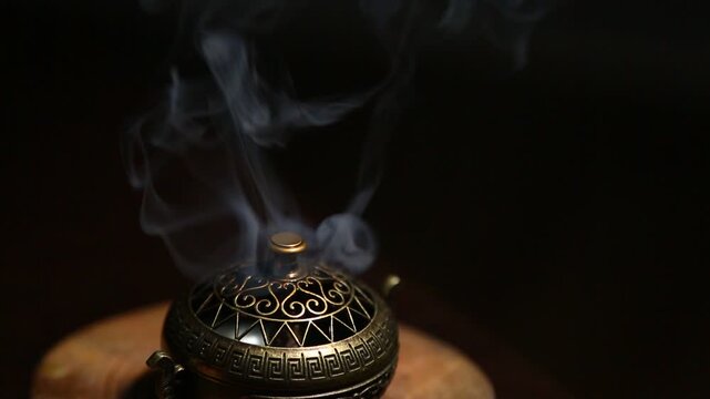 Blue texture smoke from incense aroma stick in vintage holder box motion rising above in stands near burning candle fire on copy space dark background. Meditation, yoga, wellness relaxation concept