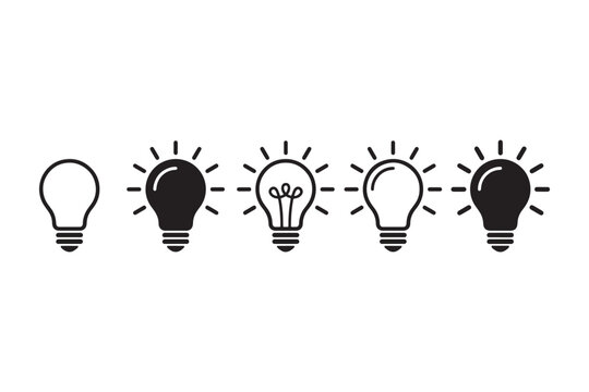 Black and white of five light bulbs and two light switches with glowing filaments on/off switch