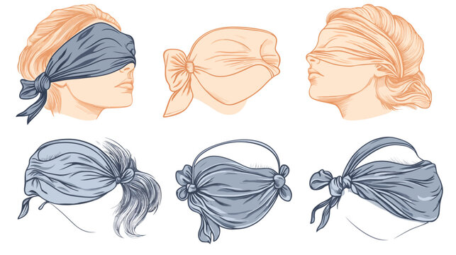 A stylized illustration depicting six variations of blindfolds on human face and head profiles