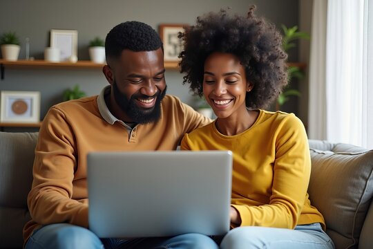 African couple joyfully managing their household finances and taxes on a laptop from the comfort of their couch.