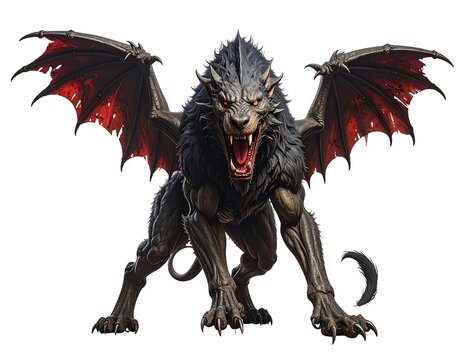 A formidable creature with wolf-like head and muscular body, it has large wings and shows menacing teeth
