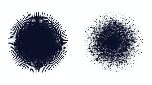 Two dark circular shapes on a white background, one with radiating lines and one with dots