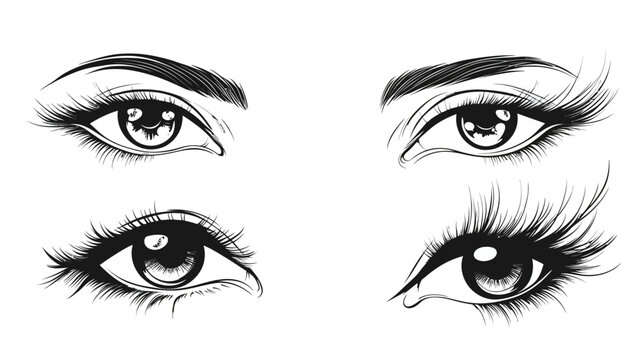 Artistic black and white illustration of four detailed eyes, varying in shape and eyelash styles