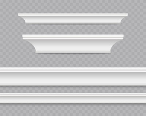 Baseboard molding isolated on transparent background. Vector white decorative gypsum skirting boards for wall or floor. Plastic ceiling cornice set © Kindlena