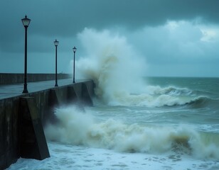 Fototapeta premium Large ocean waves hit concrete breakwater under dark stormy sky. Lighthouse posts stand along seaside promenade, resisting heavy sea power. Coastal defense shows strength against bad weather.