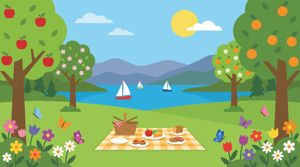 Naklejka premium Summer picnic scene with sailboats on lake apple tree orange tree picnic spot blue sky picnic spread food platter family outing outdoor dining sailboats mountains landscape outdoors