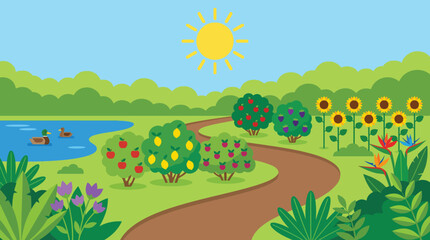 Naklejka premium Tranquil lake with fruit trees and ducks apple tree orange tree blue sky wildlife landscape outdoors botanical sunflowers tranquil peaceful recreation countryside picturesque scenic view