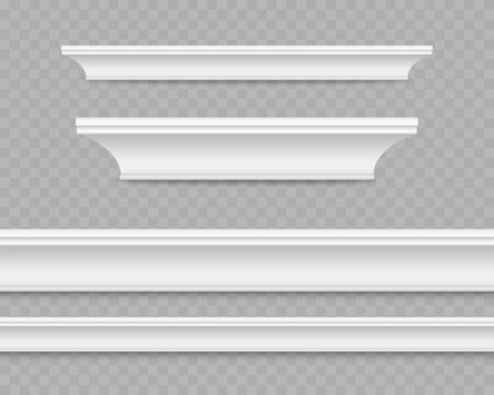 Baseboard molding isolated on transparent background. Vector white decorative gypsum skirting boards for wall or floor. Plastic ceiling cornice set